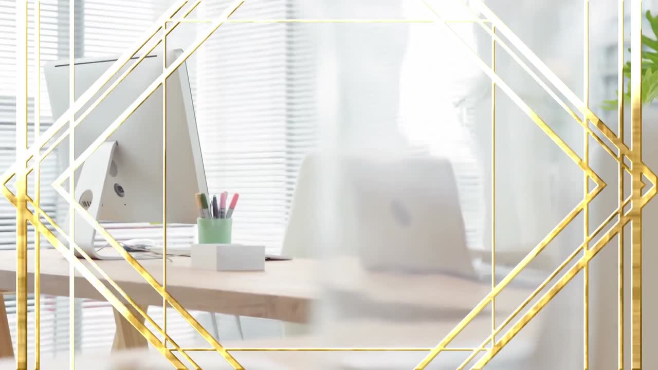 골든 프레임 디자인의 애니메이션은 테이블에 있는 사무실 장비에 대항합니다.