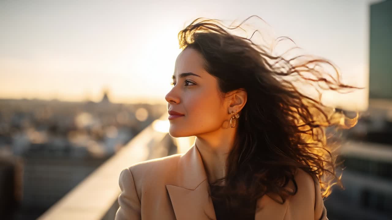 Un momento di tranquillità catturato durante l'ora d'oro, che mostra una donna con i capelli fluenti, rivolta verso uno skyline panoramico, mentre le calde tonalità del tramonto la avvolgono in un'atmosfera serena e riflessiva