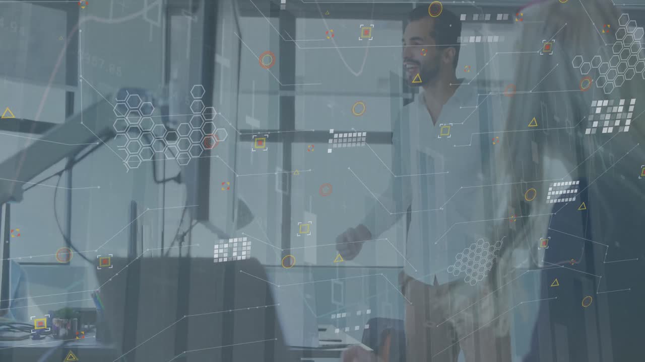 Animation of statistical data processing over biracial man high fiving his colleague at office