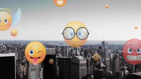 Animation-of-emoji-icons-flying-up-over-cityscape