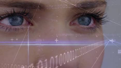 mujeres parpadeando el ojo con datos digitales en primer plano