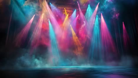concert stage with colorful lights and smoke