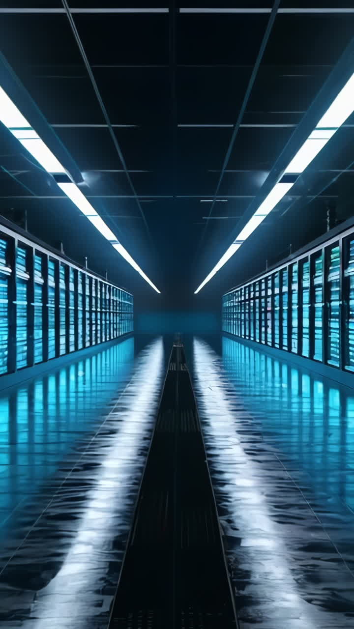 A long hallway with many computer servers. The servers are blue and white. The hallway is very long and empty