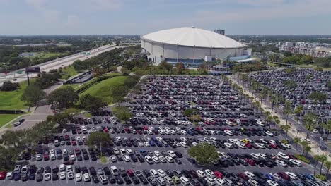 4K-Aerial-Drone-Video-of-Tropicana-Field-and-Full-Parking-Lots-next-to-Interstate-175-in-Downtown-St