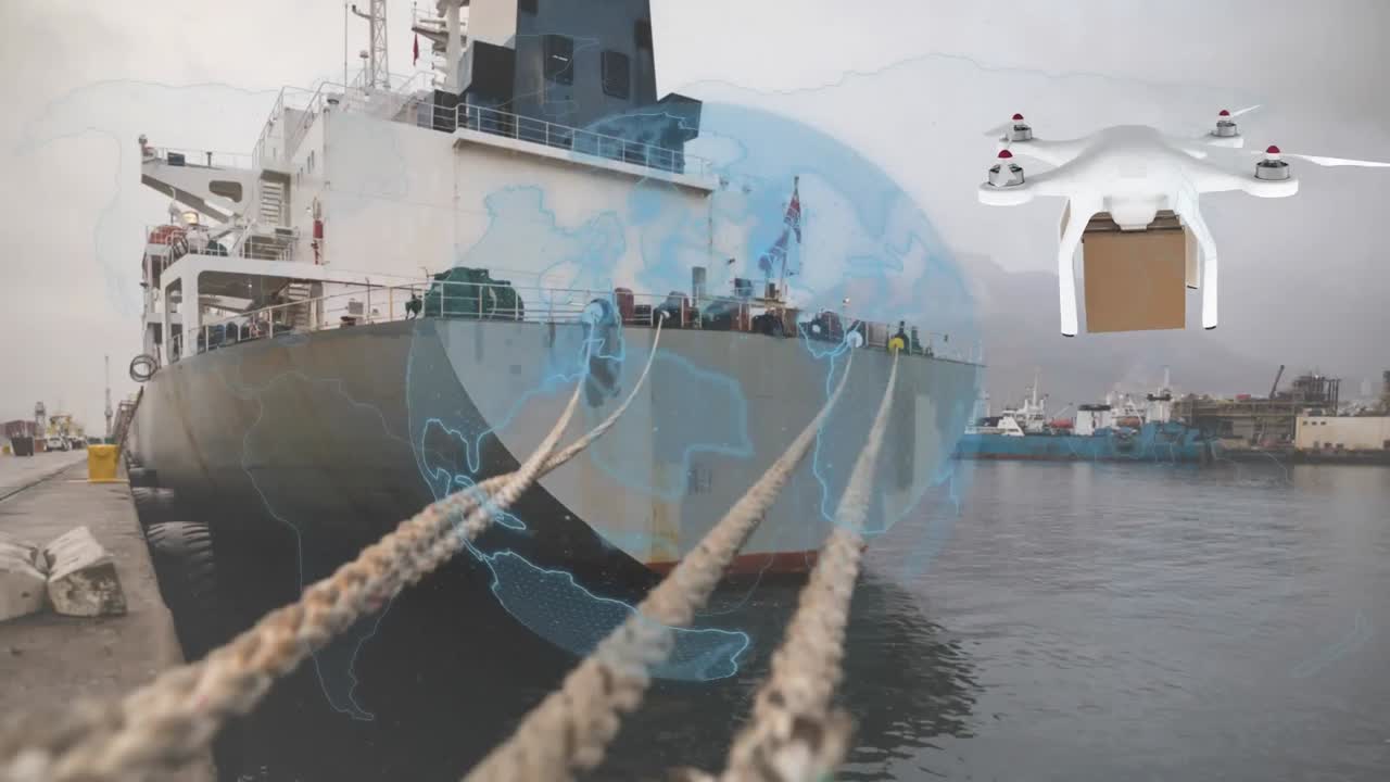 드론을 통한 연결 네트워크의 애니메이션과 항구를 통한 패 ⁇