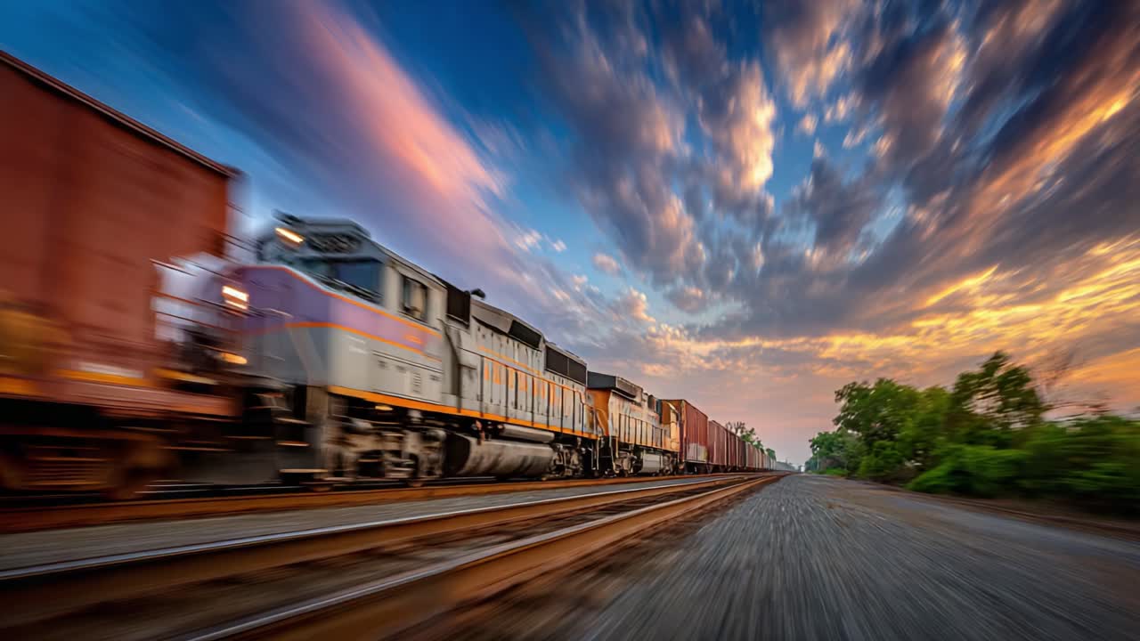 Dynamic Motion of Freight Trains Against a Stunning Sunset Sky, Captured in Two Distinct Frames Highlighting Vibrant Colors and Fast-Paced Movement