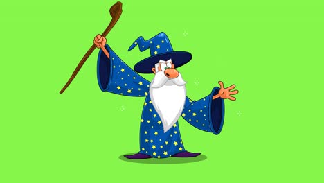 wizard cartoon character with a cane making magic