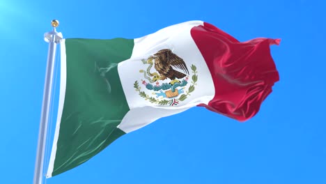 mexican flag waving at wind with blue sky, loop