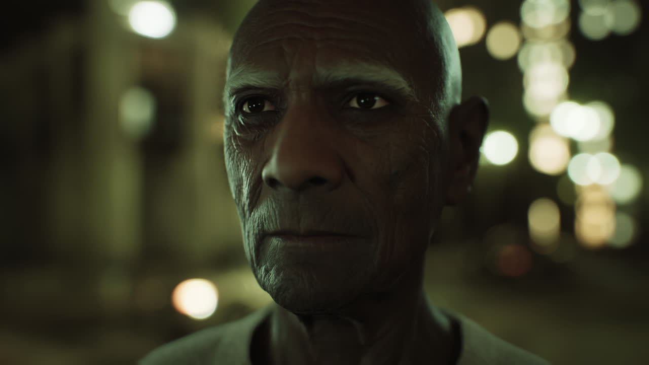 anciano asiático en la gran ciudad por la noche