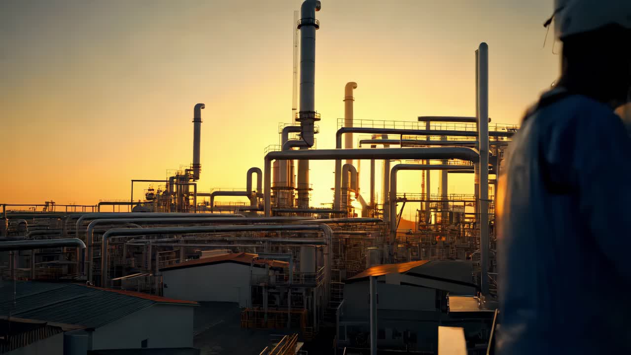 puesta de sol en la planta industrial