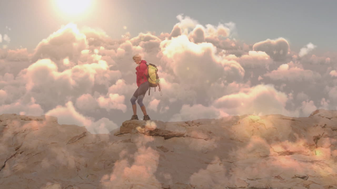woman hiker standing on rocky ridge at sunrise, featuring technology-driven animated altitude gauge