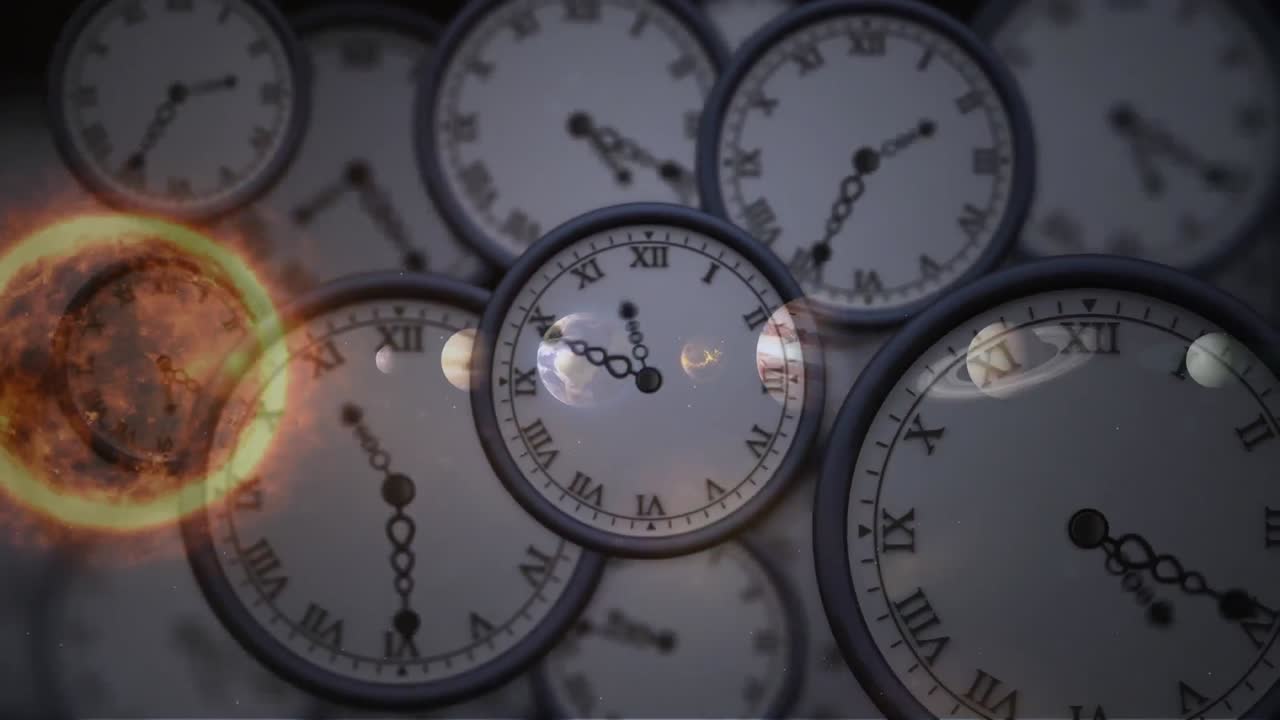 태양계, 행성 및 공간의 애니메이션 시계의 타이킹