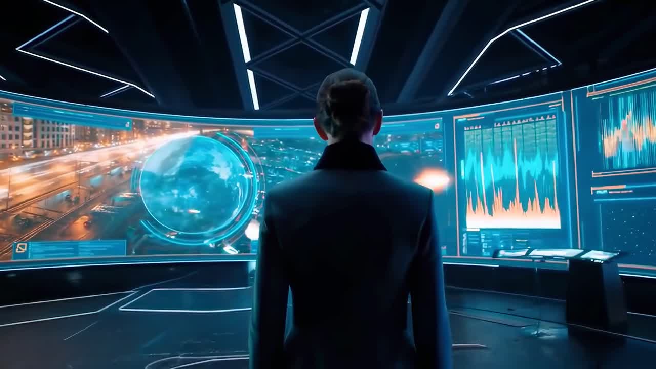 Futuristic control room video with a rear view angle, showcasing high-tech screens and data