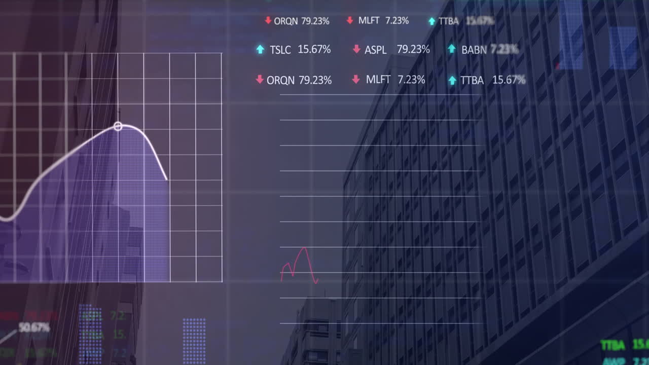 높은 건물의 낮은 각도 뷰에 대한 통계 및 증권 시장 데이터 처리의 애니메이션
