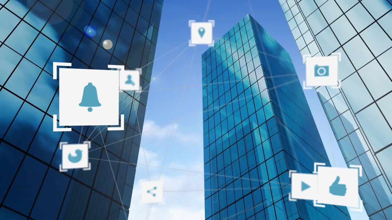 Opadvendt visning igangsætter netværk, der forbinder reflekterende skyskrabere med 3D-ikoner for at illustrere dataflow.