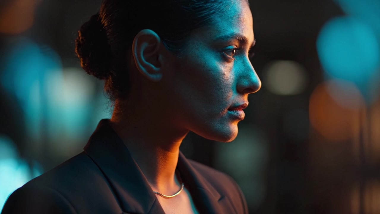 Une femme concentrée en tenue professionnelle, éclairée par une lumière douce bleue et orange, dégage détermination et confiance dans un cadre dramatique.