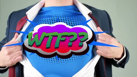 블루 티셔츠를 드러내는 남자에 대한 연설 거품에 대한 wtf 텍스트