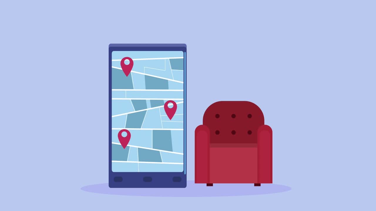 animación de servicios logísticos con teléfono inteligente y sofá