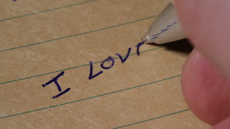 hand with blue ballpoint pen writes i love you on notebook, macro shot