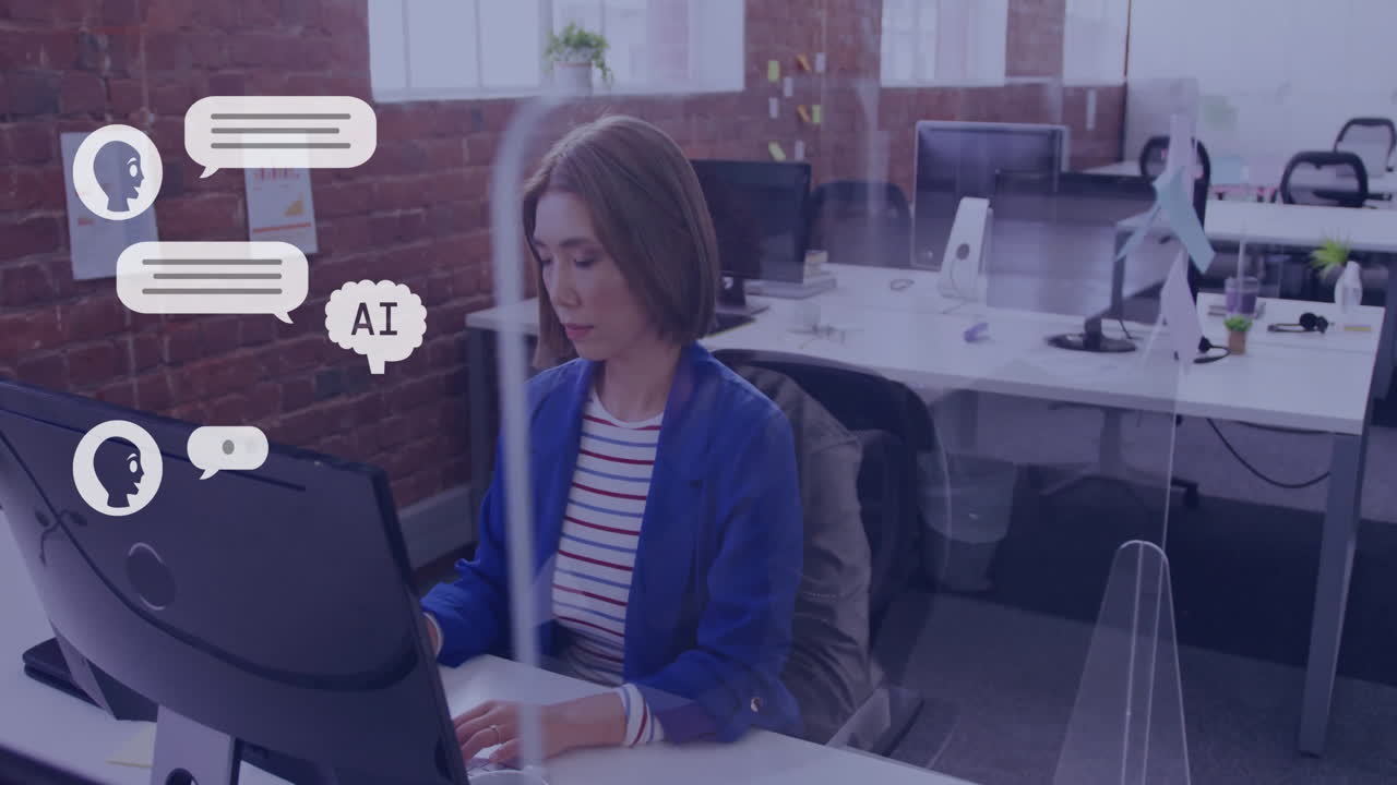 Animation of ai text, chat bot and data processing over asian woman using laptop