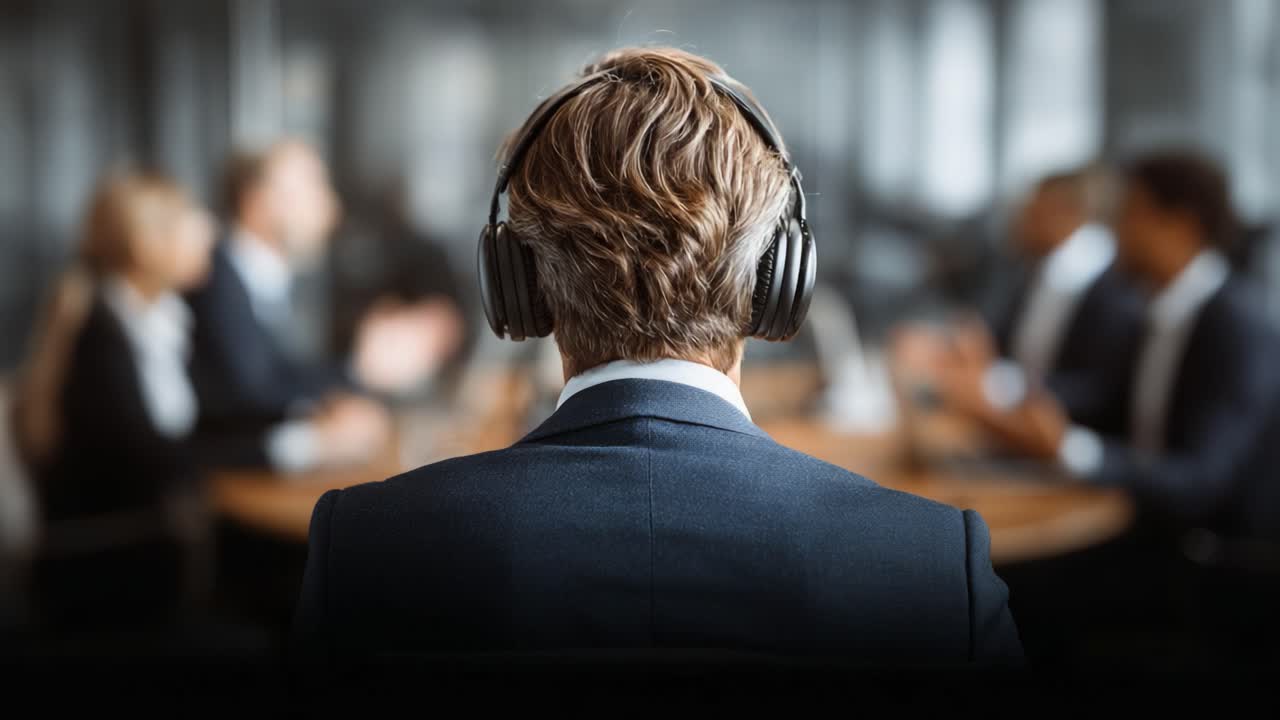 Focused Professional in Headphones Engaged in Business Meeting, Captured from Behind, Highlighting Modern Communication in a Corporate Setting