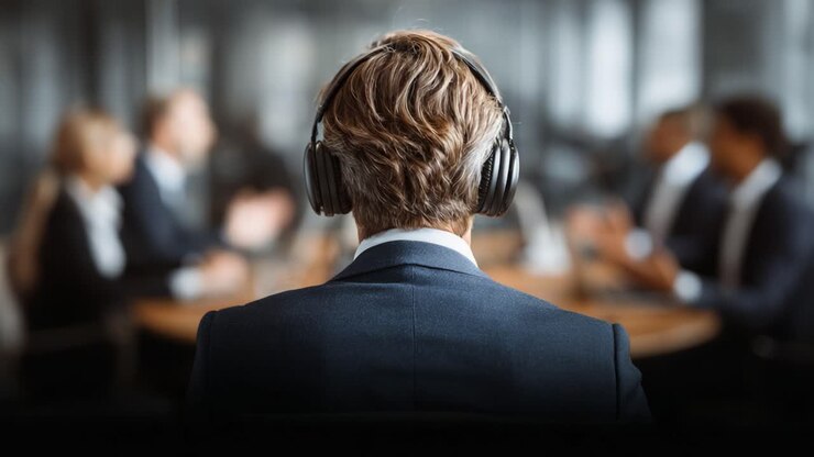 Professionista concentrato con le cuffie impegnato in una riunione di lavoro, ripreso da dietro, che evidenzia la comunicazione moderna in un ambiente aziendale