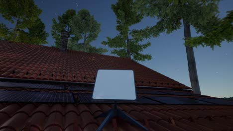 modern house with solar panels and satellite internet on rooftop