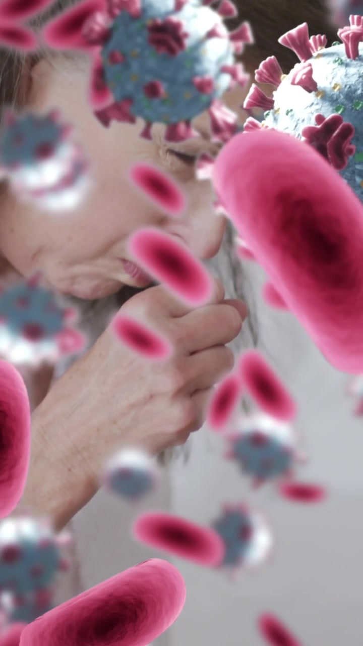 Animazione di globuli rossi e cellule COVID-19 su donna caucasica che tossisce
