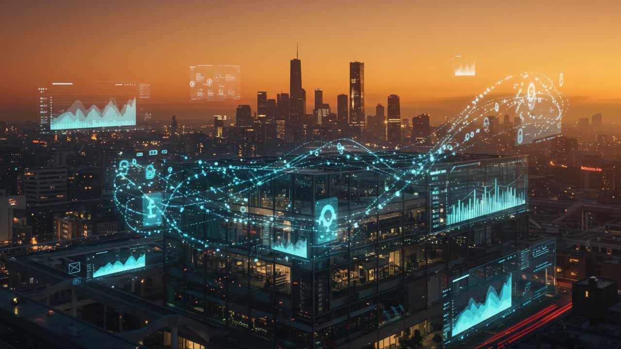 Modern Cityscape at Dusk: A Technological Transformation Shaping Urban Landscapes with Data Visualization and Connectivity in a Dynamic Metropolitan Environment