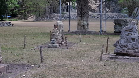 pan a través de piedras estelas talladas ornamentadas en la plaza de las ruinas mayas de copan