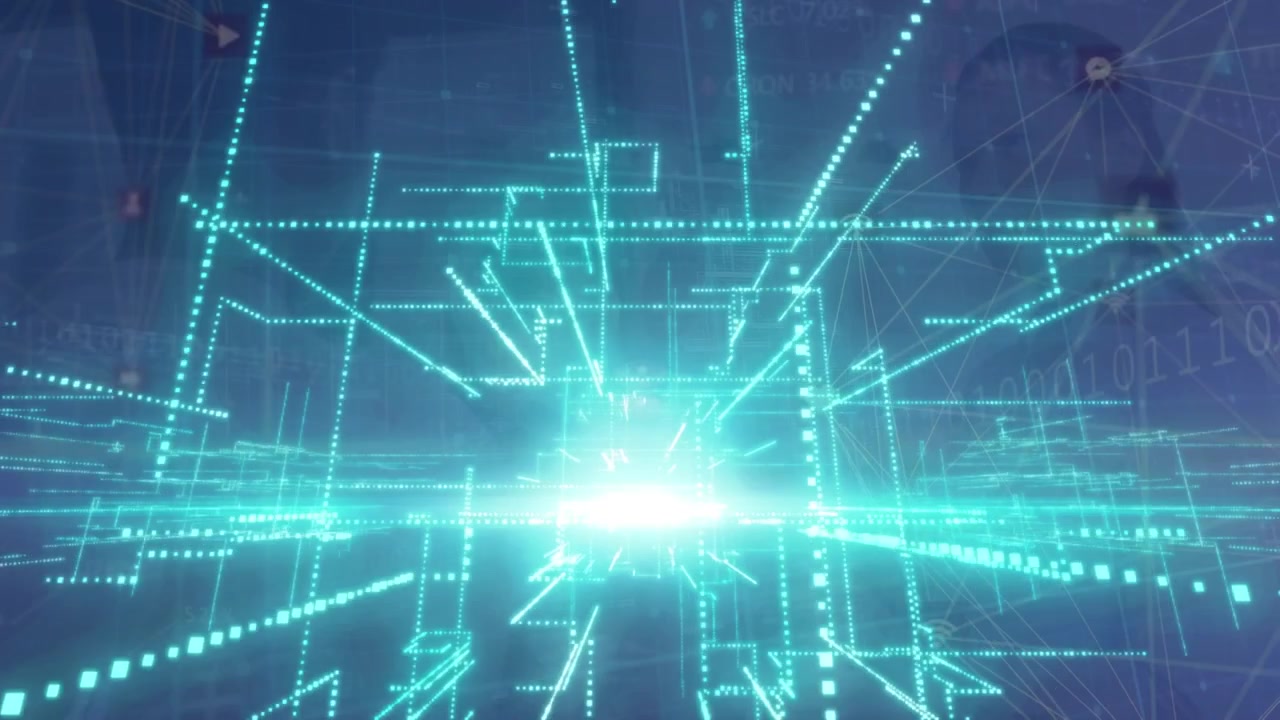 Animation of glowing green light trails over network of digital icons against blue background