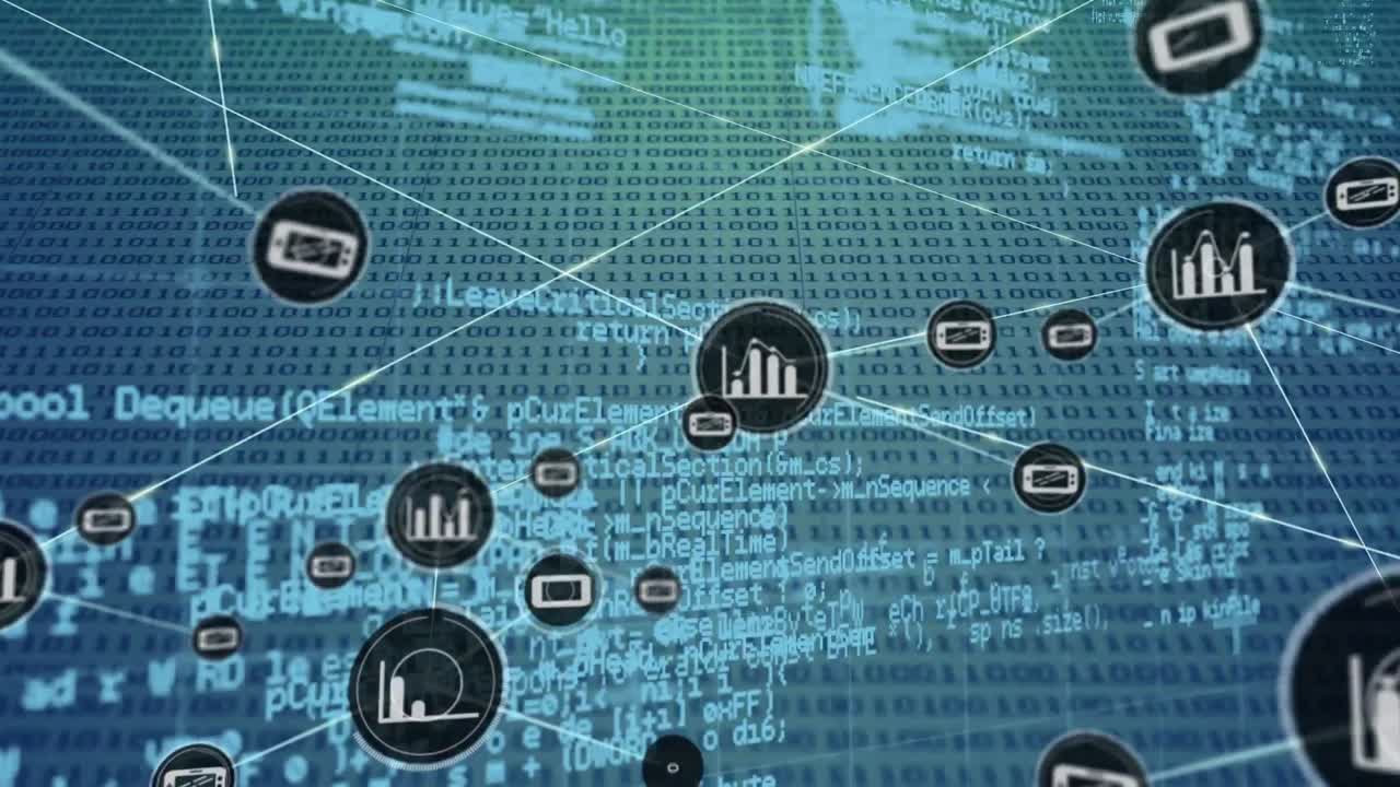 animación de la red de conexión con iconos sobre fondo verde y azul con código binario