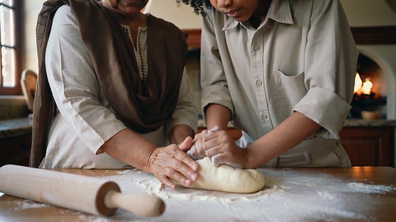 Placing hands, grandma with shawl guiding child kneading dough in kitchen with rolling pin