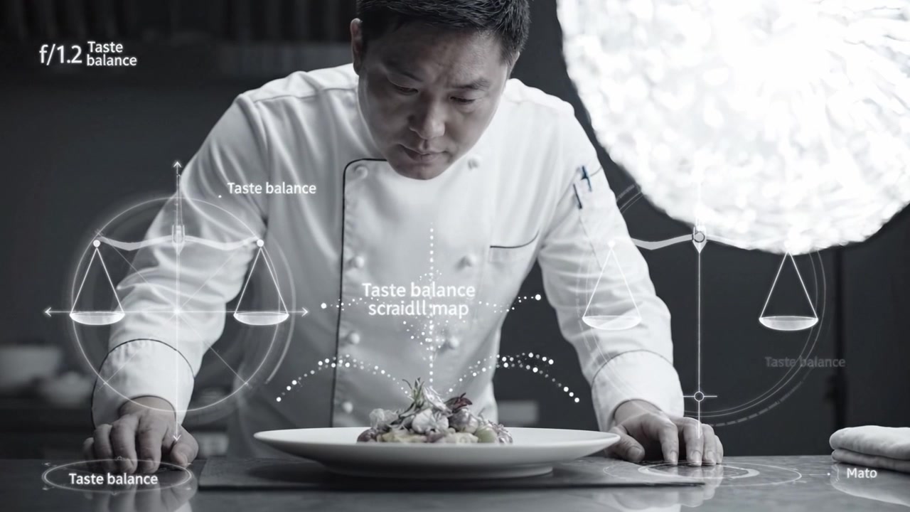 Un artista culinario perfeziona la sua creazione con precisione e cura in un ambiente di cucina moderno, evidenziando l'arte della presentazione del cibo e le abilità culinarie.