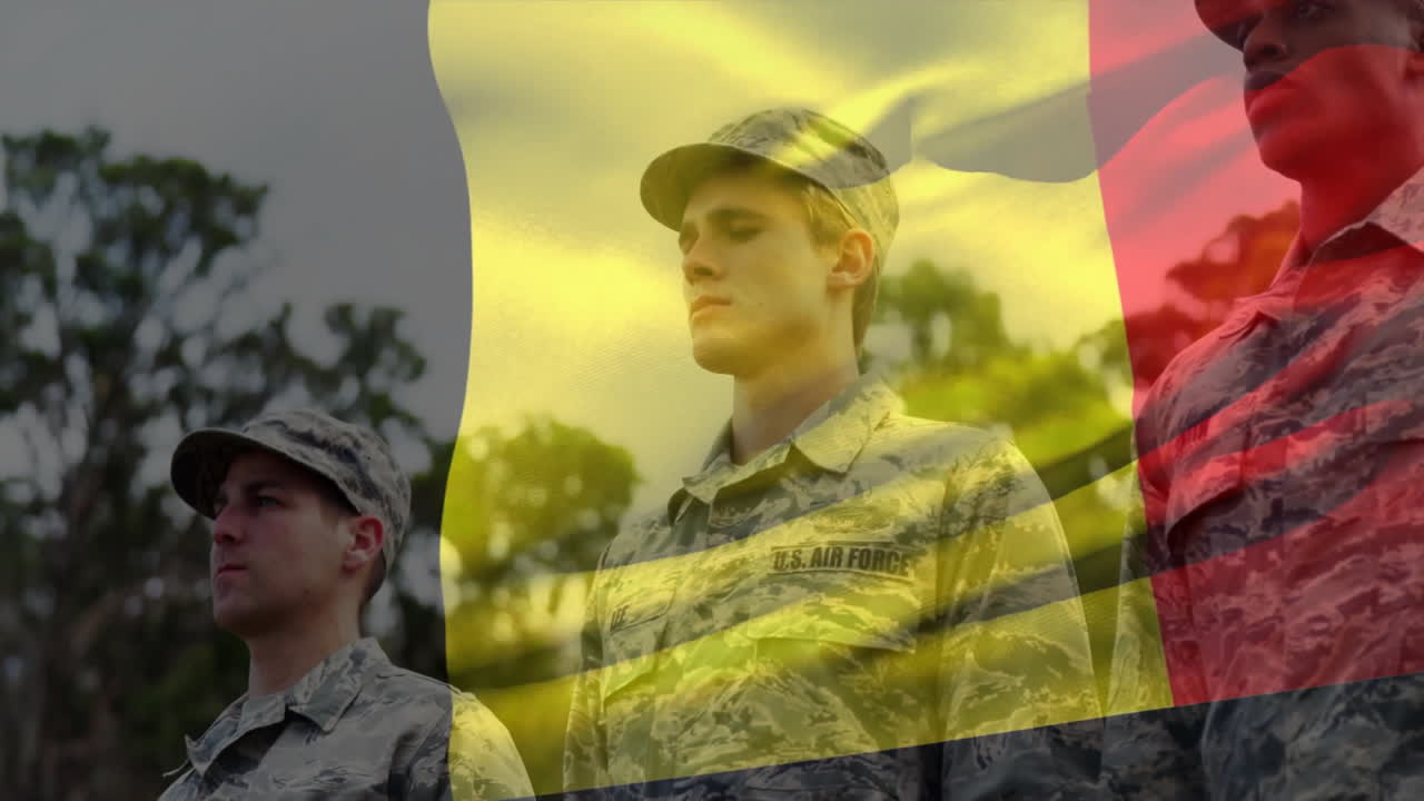 벨기에의 발의 애니메이션은 다양한 남성 군인들이 인사를합니다.