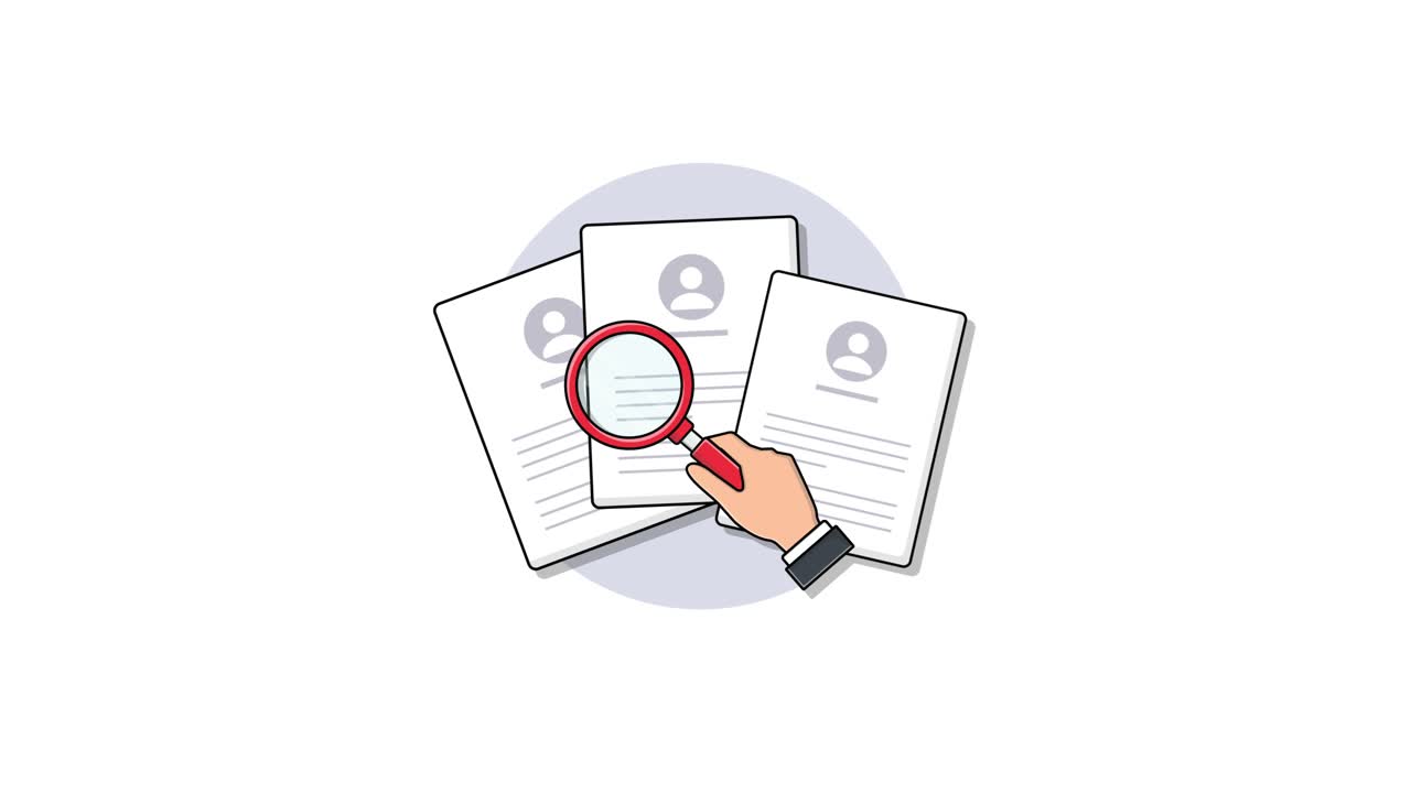 Animated Hand Reviewing Resumes with Magnifying Glass