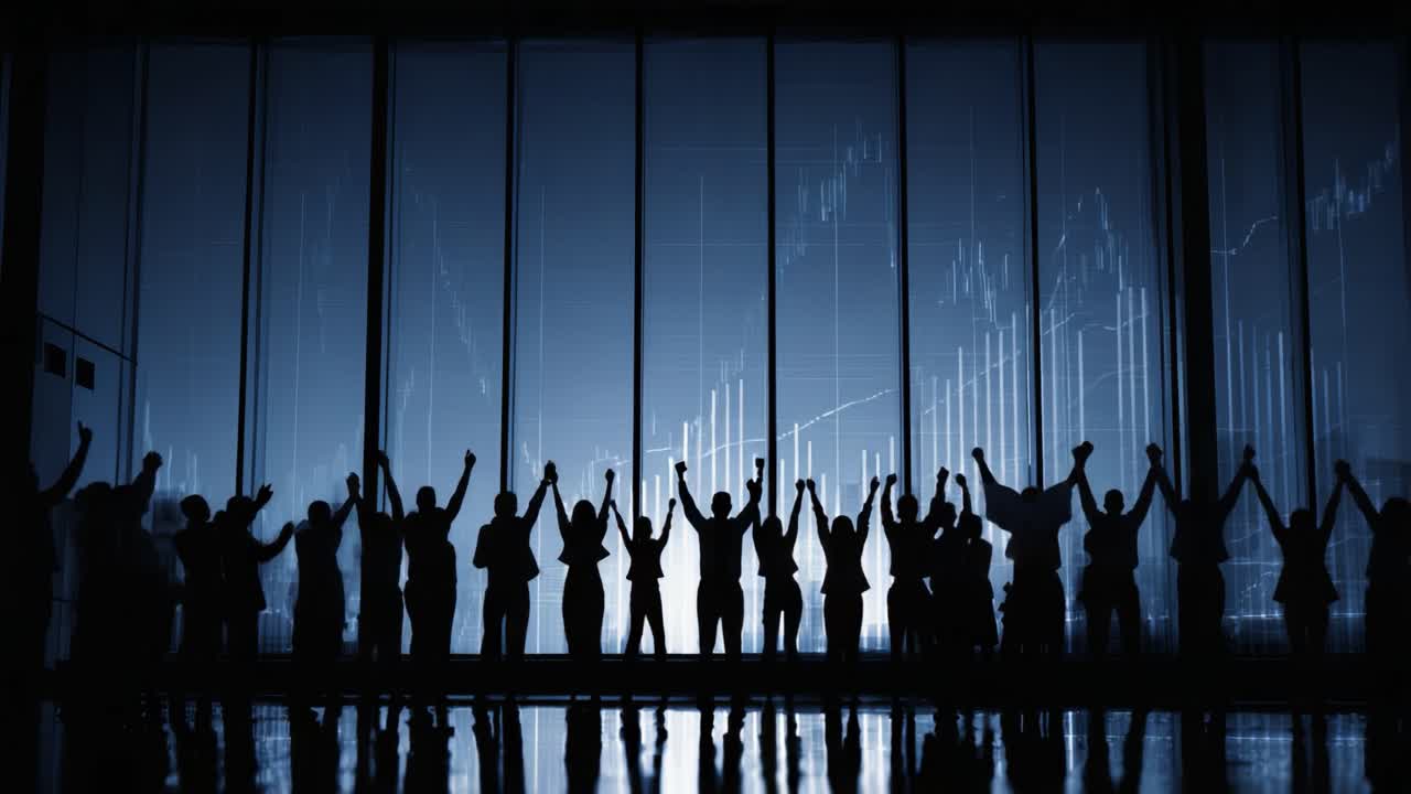 Celebration of Achievement: Silhouettes of Business Professionals Raising Arms in Joy Against a Backdrop of Financial Data Visualization