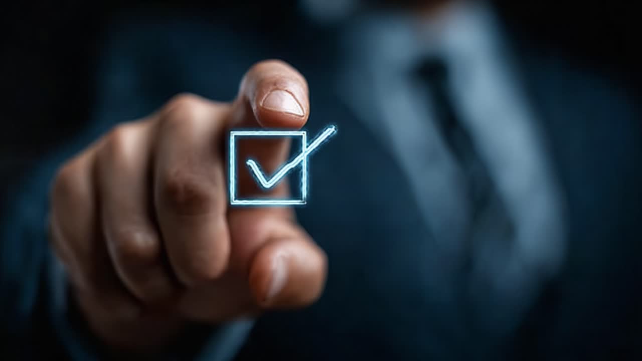 A close-up of a businessman selecting a confirmed checkbox with a glowing check mark, symbolizing completion, approval, and success in professional tasks and decision-making