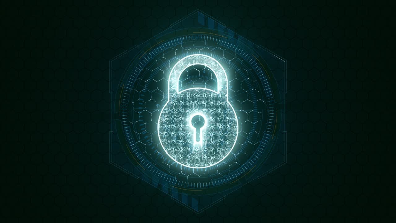 gráfico de movimiento de la llave de seguridad azul con forma de hexágono y rotación del círculo en tecnología futurista concepto de seguridad de red de fondo abstracto