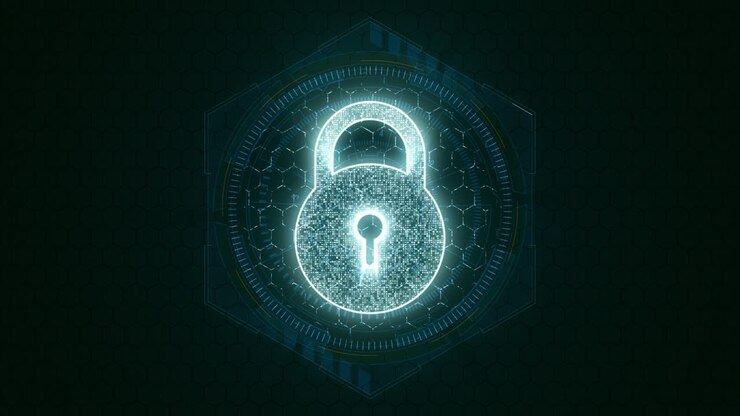 Motion graphic of Blue security key with hexagon shape and circle rotation on futuristic technology abstract background network security concept