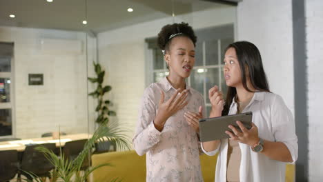 young african american woman discusses with biracial woman in a business office