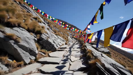 colorful prayer flags on a mountain path