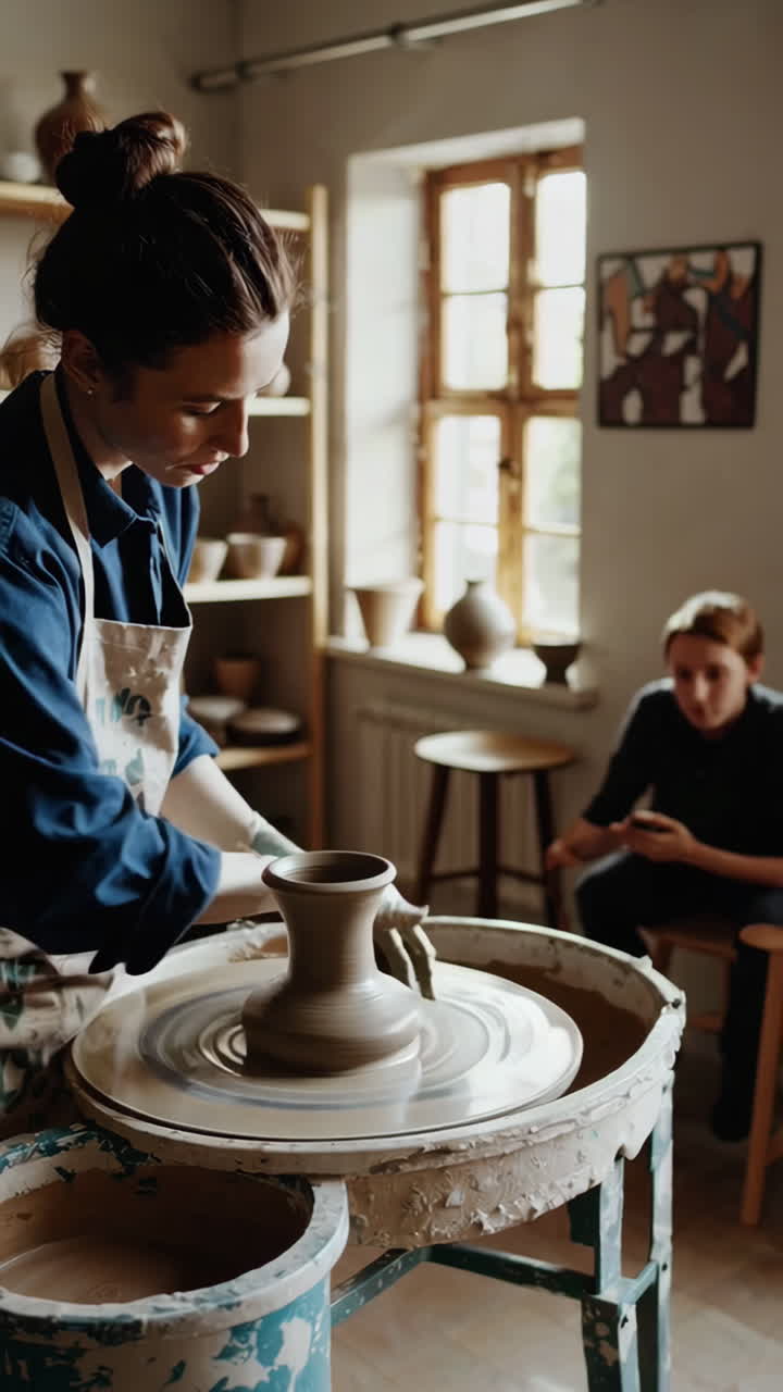 Woman working on pottery wheel in studio