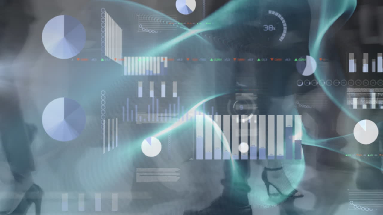 animación del procesamiento de datos financieros sobre personas de negocios caminando