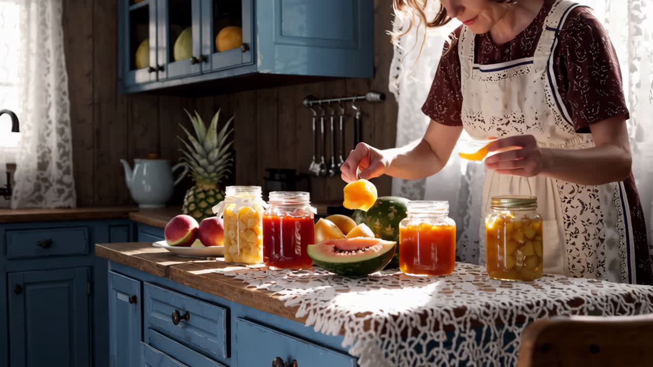 Woman Making Homemade Fruit Preserves in a Rustic Kitchen