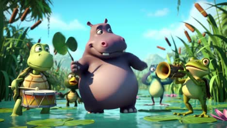 a vibrant animated scene featuring a hippo leading a musical ensemble of various animals in a lush, green environment full of water lilies and nature's beauty