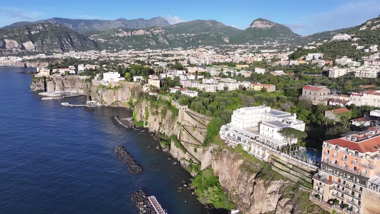 Sunset Skyline Over Sorrento Beach At Sorrento In Naples Italy. Sunset City. Waterfront Landscape. Sorrento Beach At Naples Italy. Beach Scenery. Medieval Buildings. Sorrento Skyline. Amalfi Coast