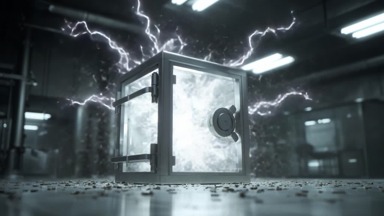 Powerful lightning striking a high security containment unit inside a dark, industrial laboratory during a dangerous physics experiment, creating an intense electrical discharge and glowing plasma