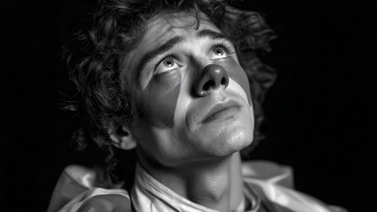 Un clown pensieroso guarda verso l'alto, catturando un momento di introspezione e vulnerabilità in una drammatica scena in bianco e nero piena di profondità emotiva.