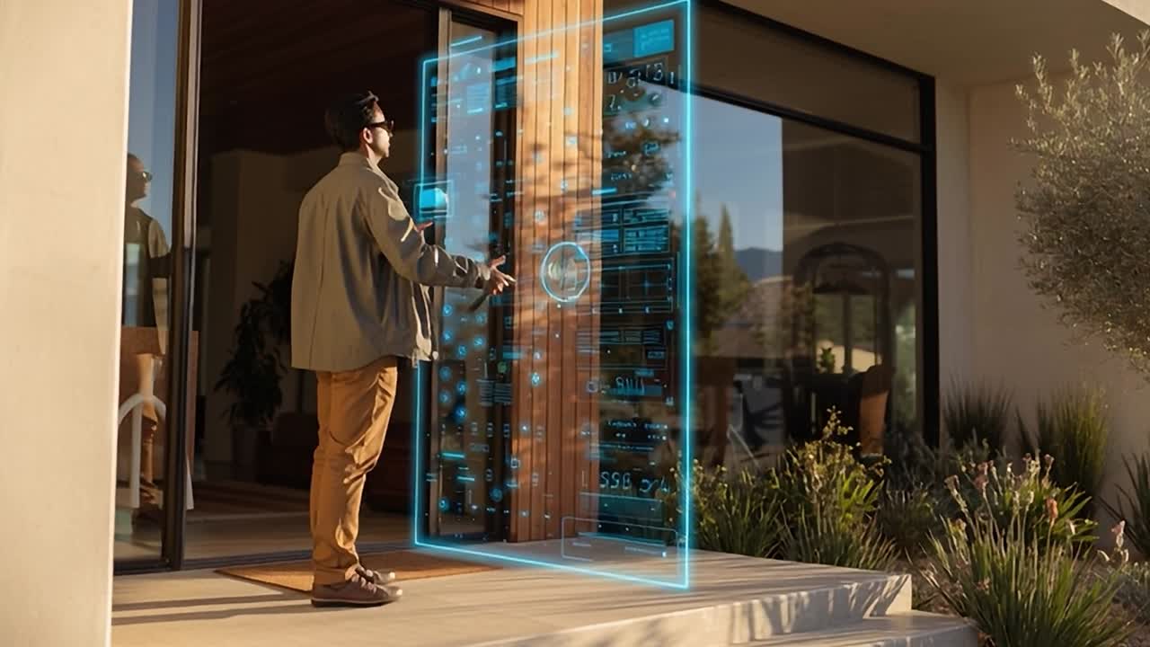 Uomo con tecnologia futuristica all'ingresso di una casa moderna